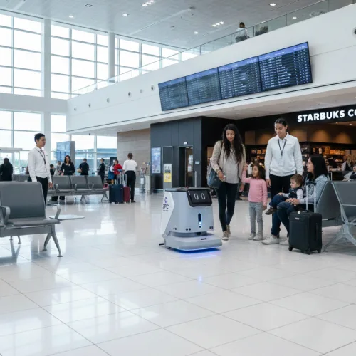 Epic Robotics autonomous cleaning robot operating among passengers in busy airport terminal