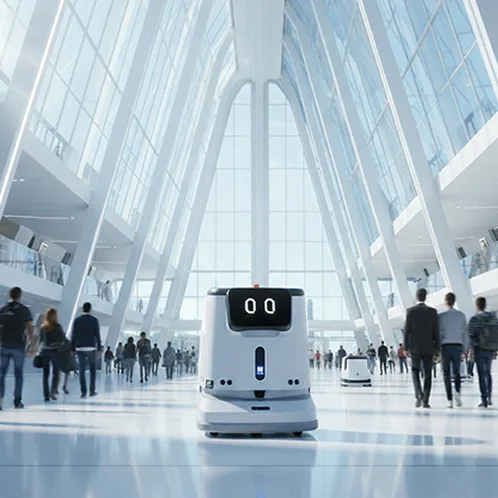 Autonomous floor cleaning robot operating in large modern office lobby among walking staff