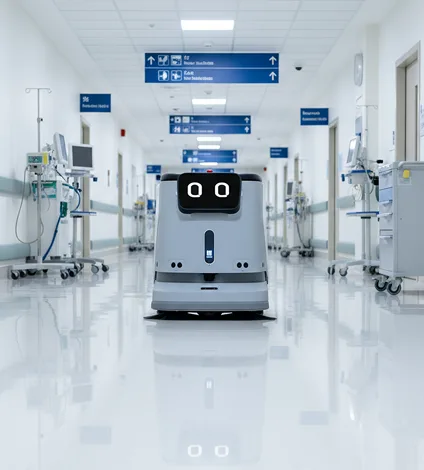 Autonomous floor cleaning robot navigating hospital corridor with medical equipment and signage