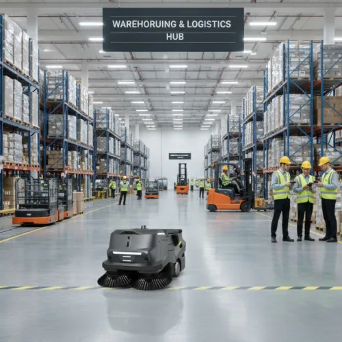 Autonomous floor sweeper robot operating in warehousing and logistics hub alongside workers and forklifts