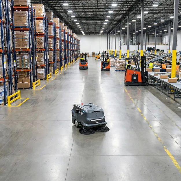 Epic Robotics PUDU MT1 autonomous sweeper robot cleaning warehouse floor alongside active forklift operations