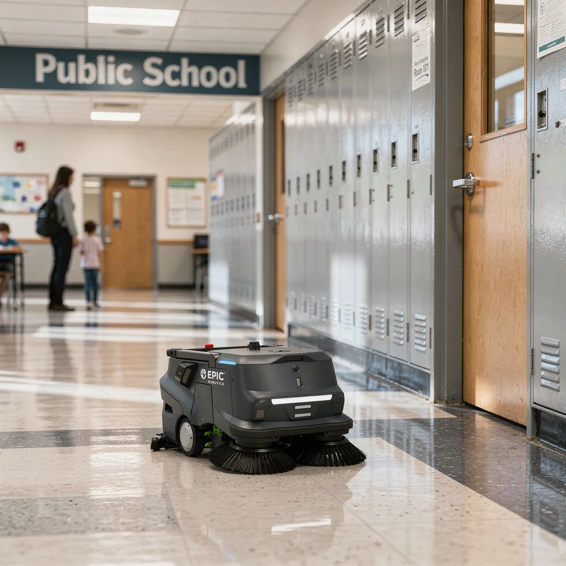 Epic Robotics PUDU MT1 autonomous sweeper robot cleaning public school hallway near student lockers