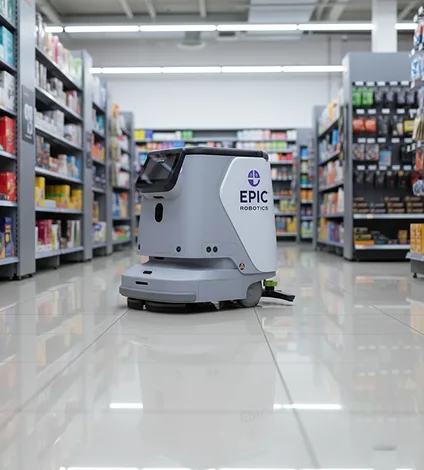 Epic Robotics PUDU CC1 autonomous floor cleaning robot operating in retail store aisle