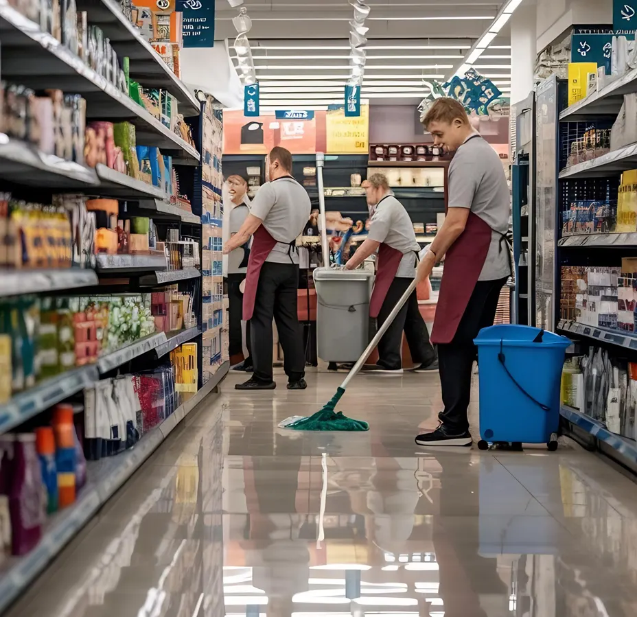 Multiple cleaning staff mopping supermarket aisle highlighting rising labor costs