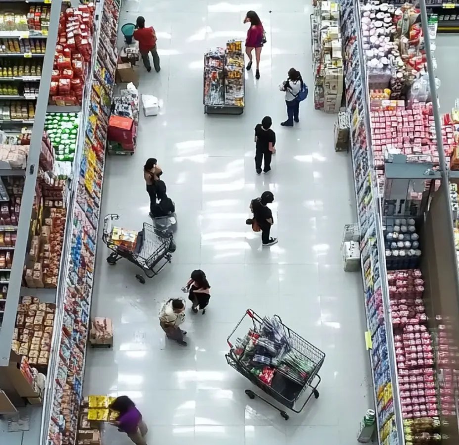Aerial view of busy supermarket floor with shoppers and shopping carts