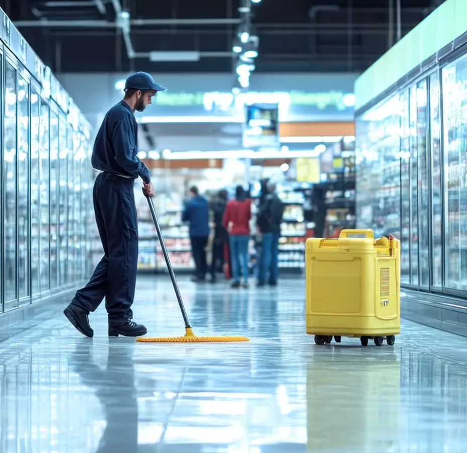 Retail cleaner mopping supermarket floor with wet floor caution sign visible