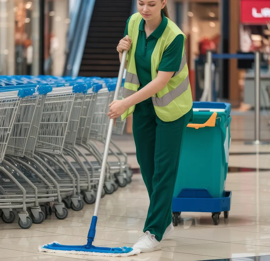Single cleaner mopping large retail mall floor alone with shopping carts