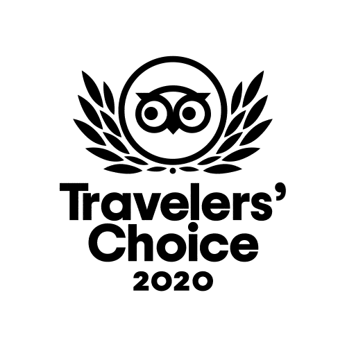Black and white circular badge with an owl icon and laurel leaves, labeled “Travelers’ Choice 2020,” representing a TripAdvisor award.