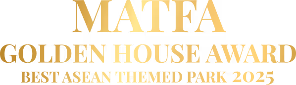 A golden award logo with elegant serif typography reads: “MATFA GOLDEN HOUSE AWARD – BEST ASEAN THEMED PARK 2025.” The text is centered and rendered in a luxurious gold gradient, symbolizing prestige and excellence in the themed entertainment industry across Southeast Asia.