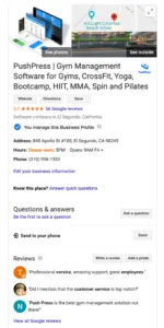 the PushPress google my business listing for our gym management software system