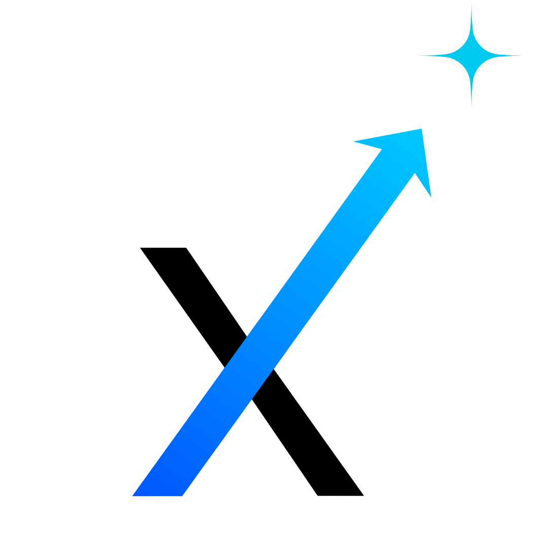 Black letter X with a blue upward arrow crossing it, ending in a sparkling star.