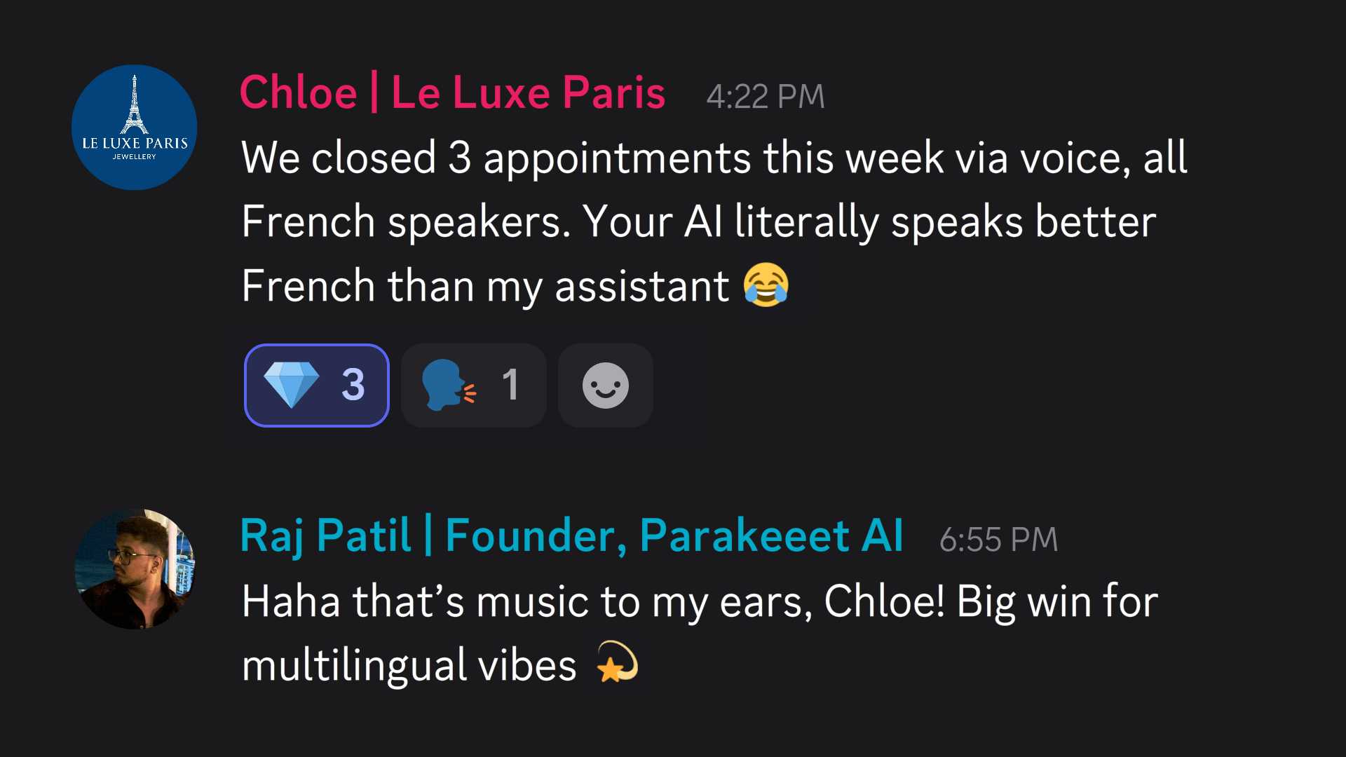 Chat between Chloe from Le Luxe Paris and Raj Patil, Founder of Parakeeet AI, discussing successful French-speaking appointments and multilingual AI capabilities.
