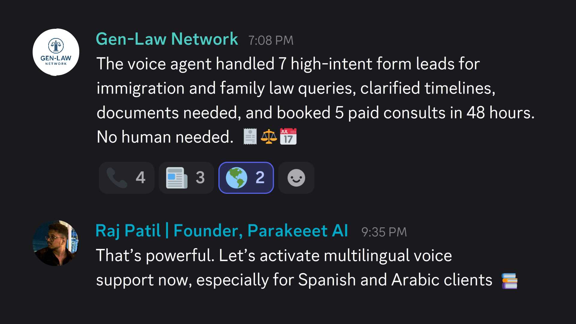 Chat conversation showing Gen-Law Network reporting successful handling of immigration and family law leads by a voice agent, followed by Raj Patil suggesting multilingual voice support for Spanish and Arabic clients.