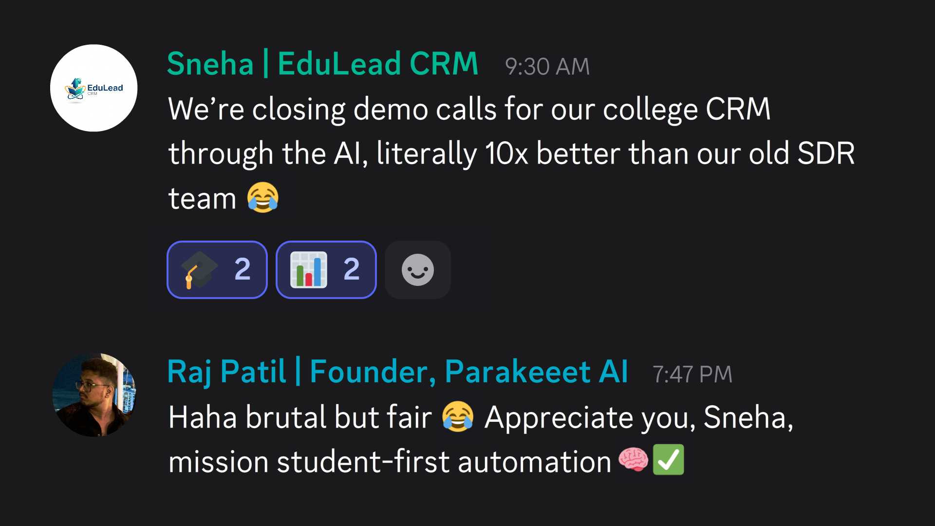 Chat conversation between Sneha from EduLead CRM and Raj Patil, founder of Parakeeet AI, discussing demo calls and AI-driven college CRM with emojis.