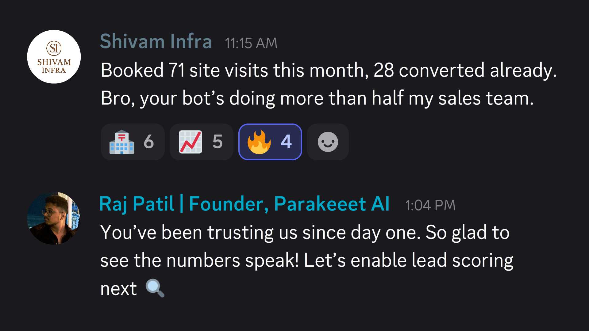 Chat messages showing Shivam Infra booking 71 site visits with 28 conversions, praising a bot's performance, and Raj Patil of Parakeeet AI thanking for trust and mentioning lead scoring.