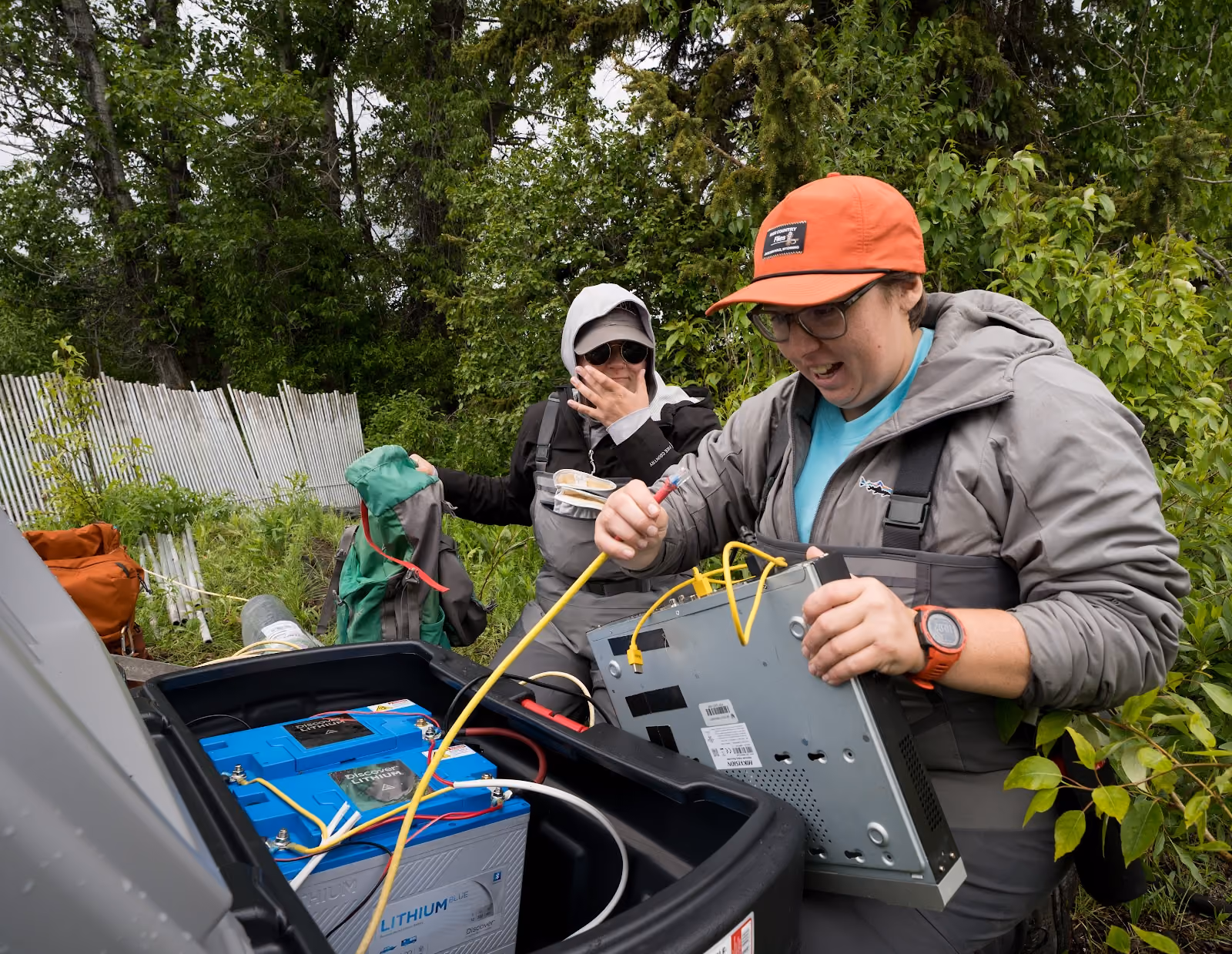 Solar charged batteries are wired into a charge controller to safely distribute power to all of the electronics.
