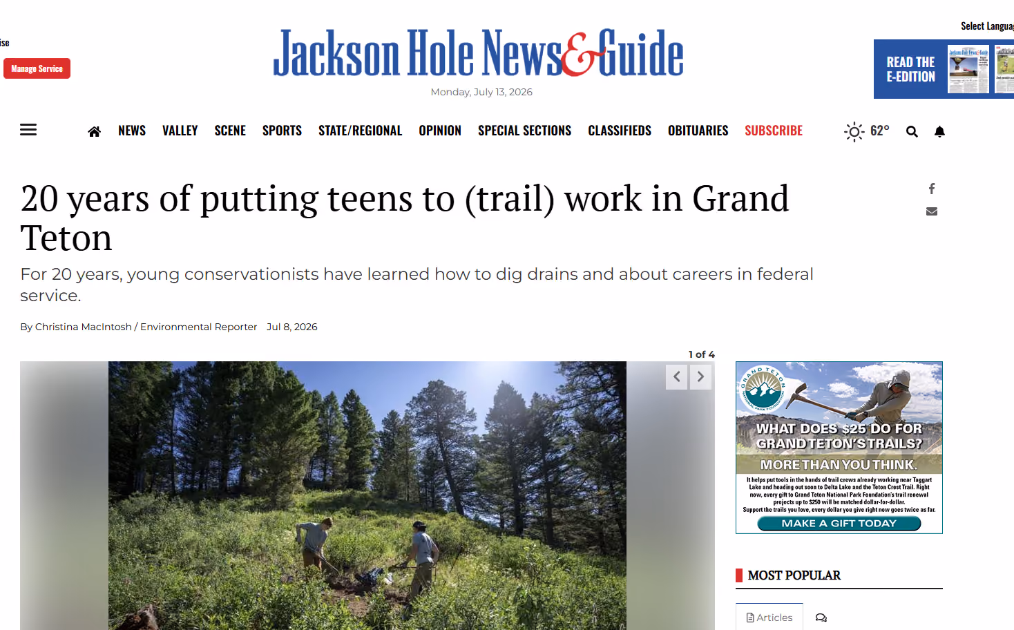 Jackson Hole News & Guide: 20 years of putting teens to (trail) work in Grand Teton