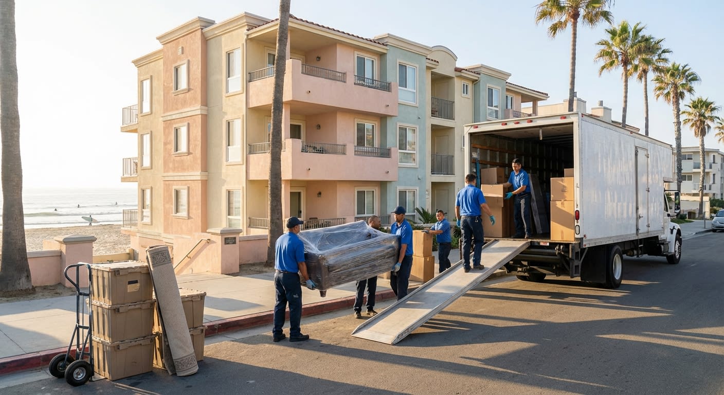 Professional moving crew loading furniture into truck outside a beachside apartment complex with coastal architecture, moving boxes and wrapped furniture visible, morning light casting soft shadows