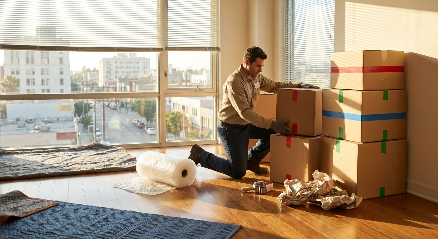 Professional mover carefully stacking various sizes of cardboard moving boxes in a bright Los Angeles apartment, morning sunlight streaming through windows, boxes clearly labeled with colored tape, pa