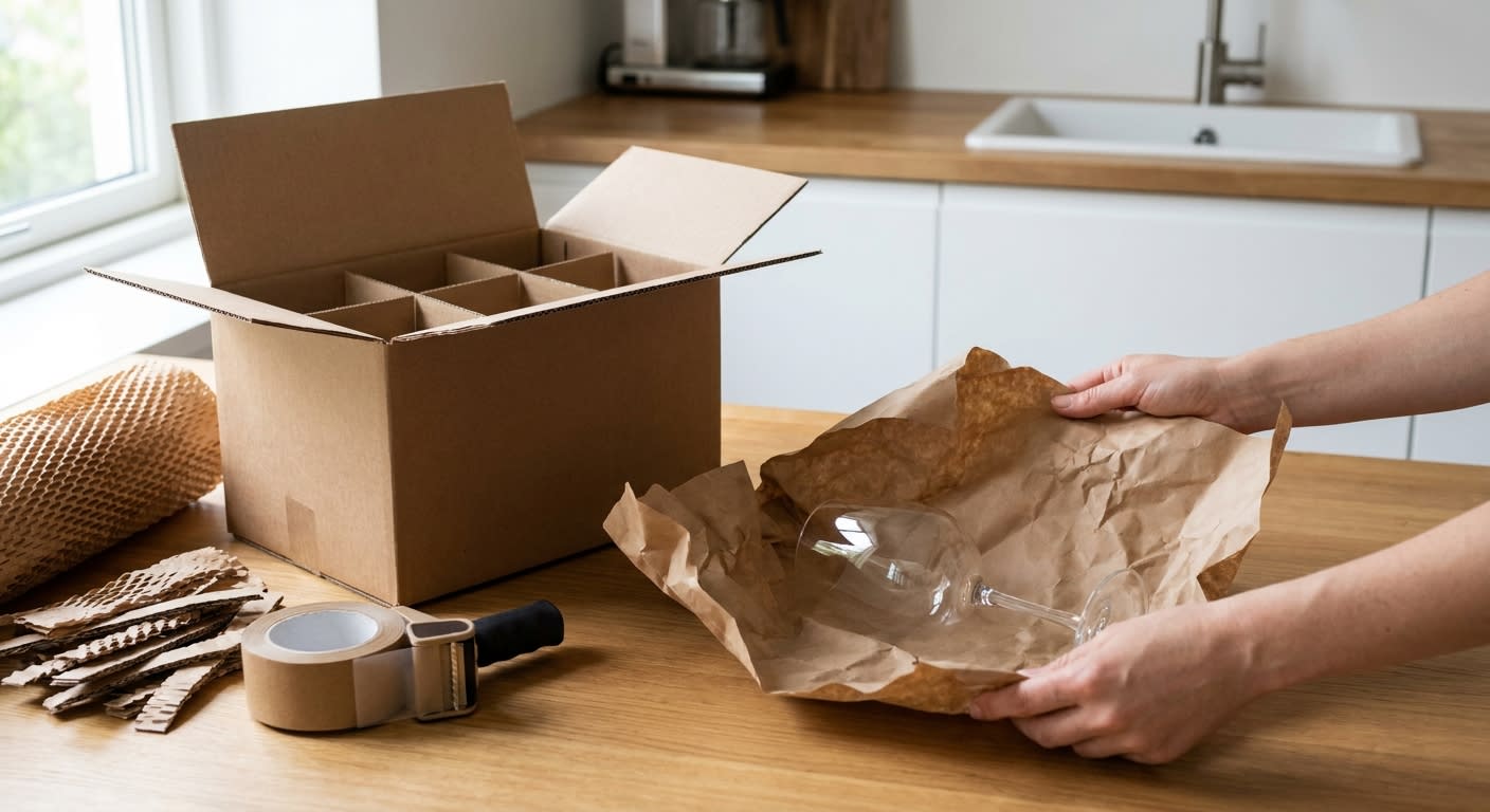 Close-up of hands wrapping delicate glassware with eco-friendly kraft paper before placing into specialized dish pack box, packing tape dispenser and bubble wrap alternatives visible nearby, natural l