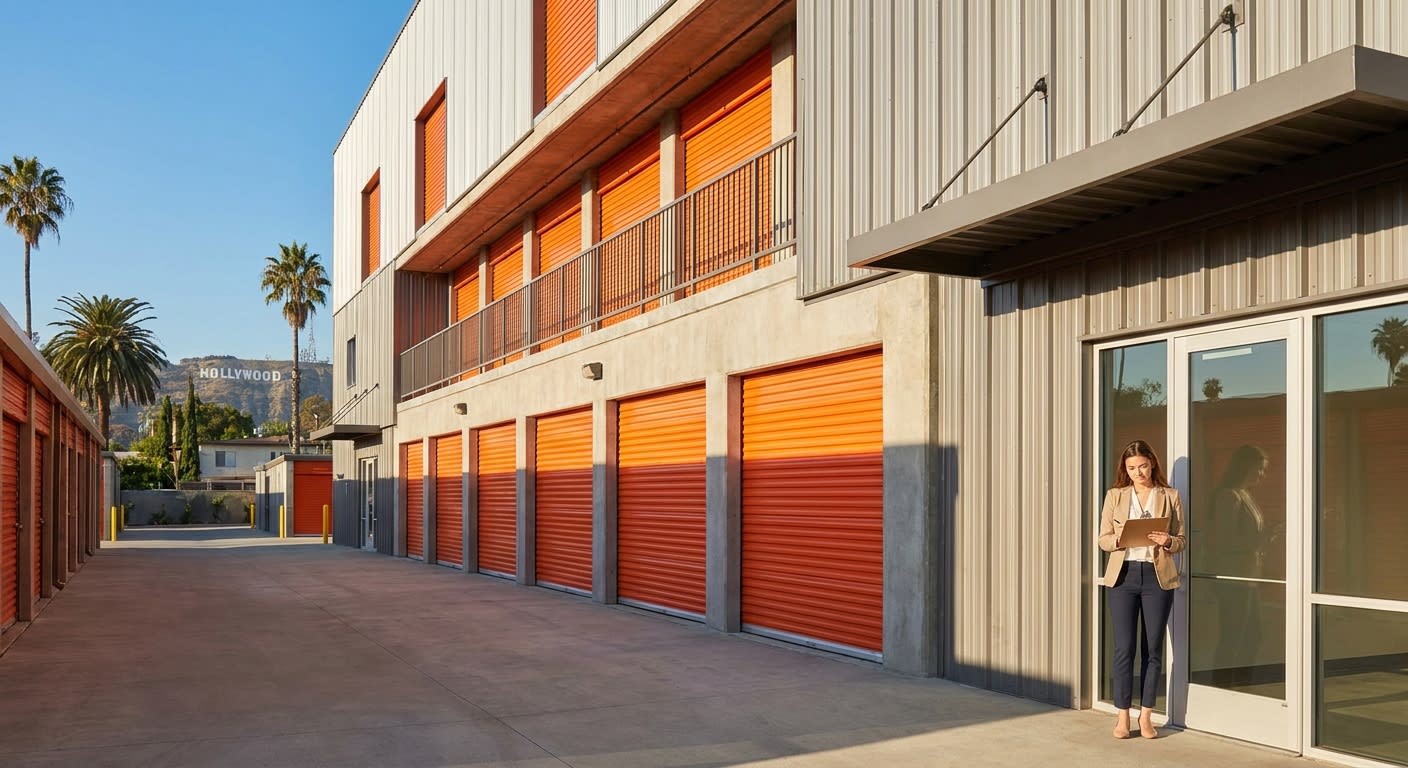 Modern self-storage facility exterior in Los Angeles with clean orange rolling doors, palm trees visible in background, bright California sunshine, a young professional woman reviewing paperwork near 