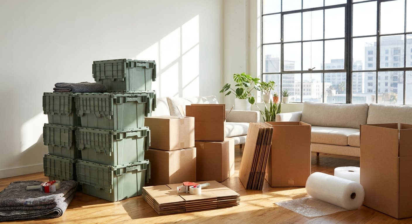 Stack of green reusable plastic moving crates next to pile of brown cardboard boxes in modern Los Angeles apartment living room, natural window light, moving day preparation scene