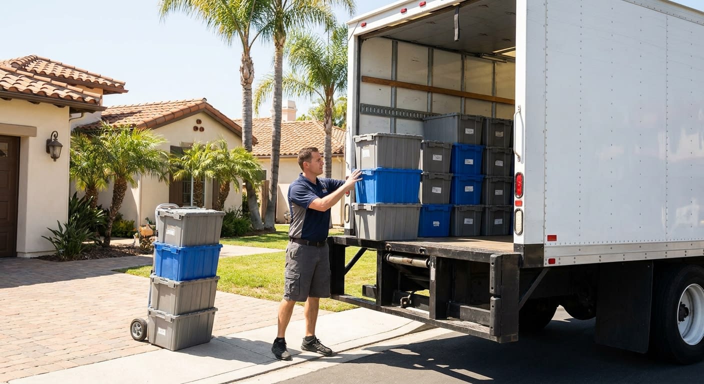 Professional mover loading sturdy reusable plastic bins into moving truck in sunny Southern California residential driveway, organized efficient packing system visible