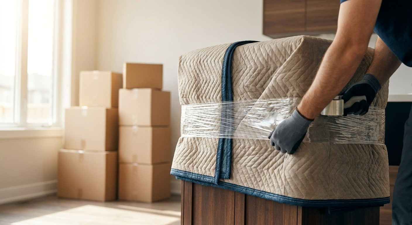 Close-up of a professional mover's hands wrapping furniture with protective blankets inside an upscale Irvine townhome, moving boxes stacked neatly in background, natural window light, attention to de