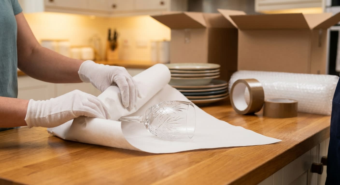 Professional mover's hands carefully wrapping a delicate crystal wine glass in white packing paper on a clean counter, stack of dishes and packing materials visible in background, warm kitchen lightin