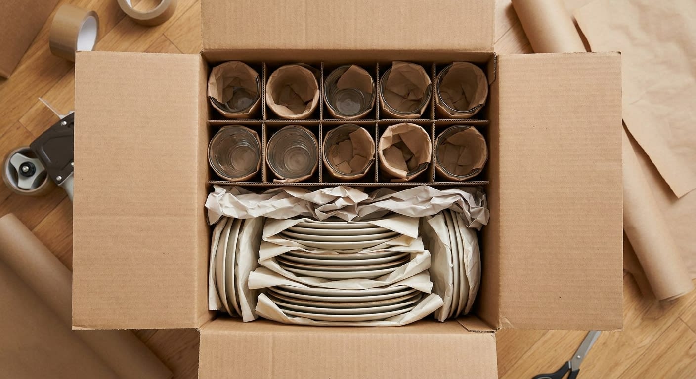 Overhead view of properly packed dish box showing layered plates wrapped in packing paper with cell dividers for glasses, crumpled paper cushioning visible between items, moving supplies scattered nea