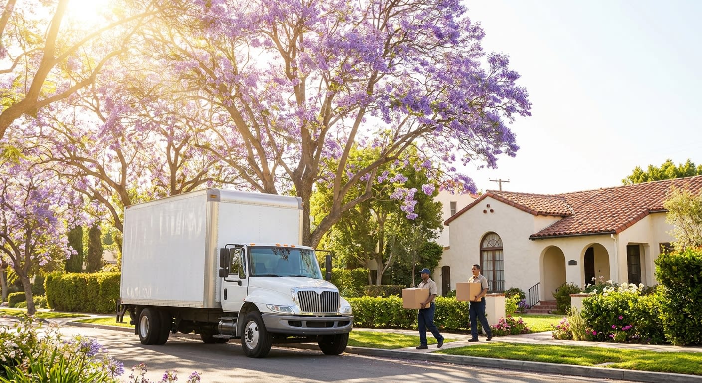 A moving truck parked on a tree-lined Los Angeles residential street in spring, jacaranda trees blooming with purple flowers overhead, professional movers carrying boxes toward a Spanish-style home, b