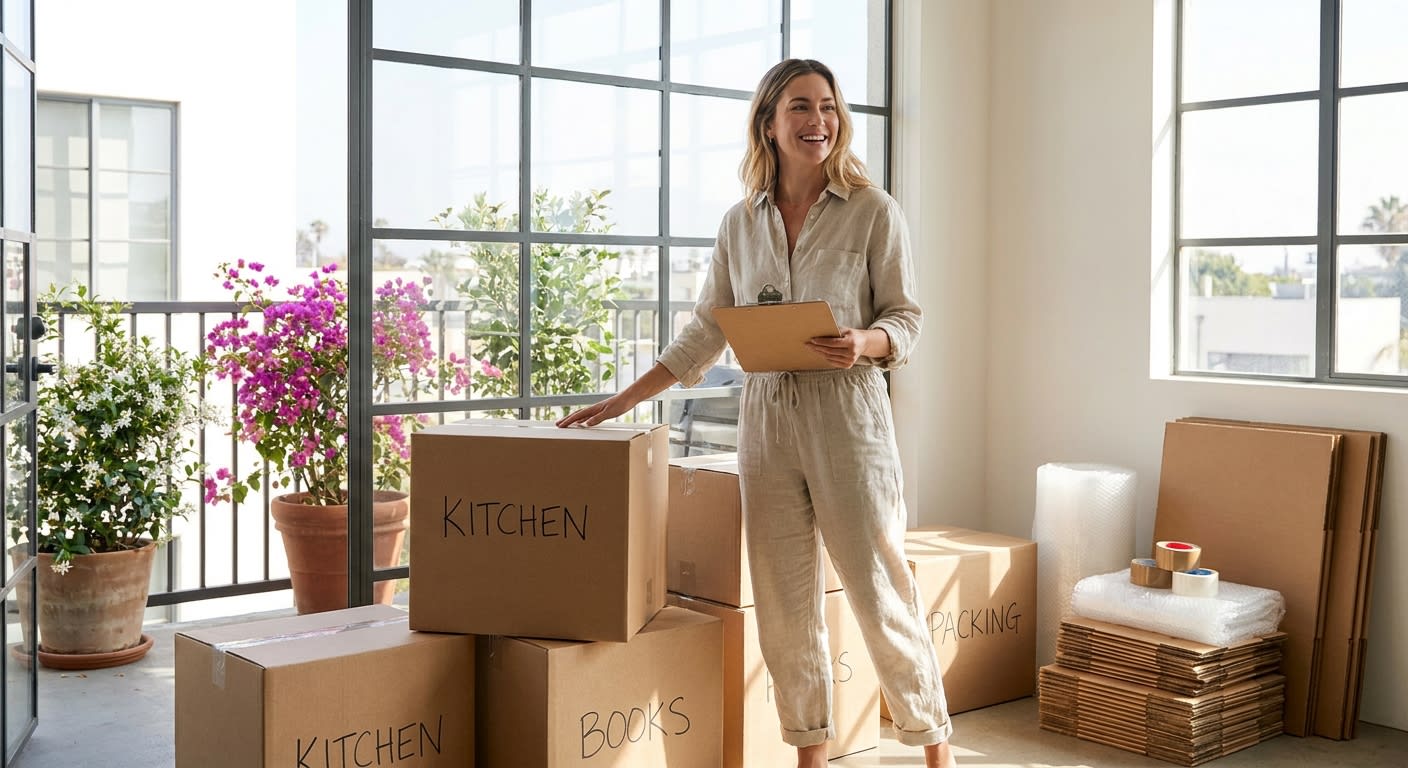 A woman with a clipboard organizing labeled moving boxes in a sunny LA apartment with large windows, spring flowers visible on balcony, packing materials neatly arranged, natural daylight filling the 
