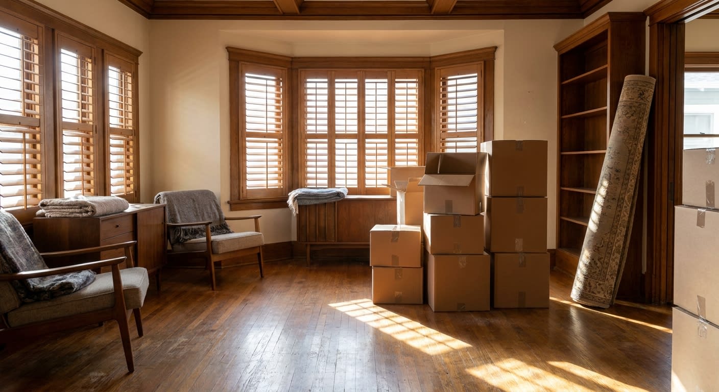 Interior of a bright Culver City craftsman bungalow during move-in day, with stacked moving boxes in a hardwood-floor living room, sunlight streaming through bay windows, a couch partially wrapped in