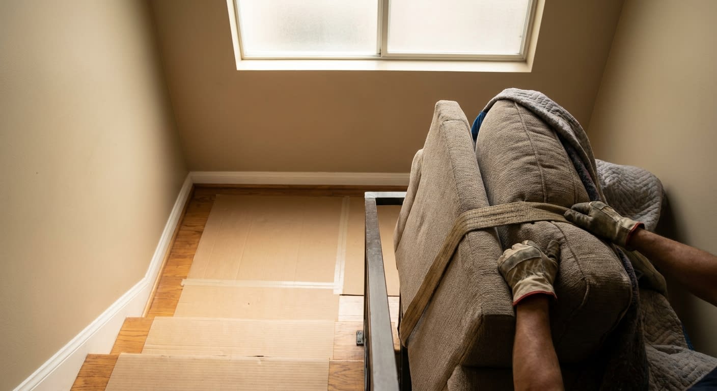 Close-up of a large sectional sofa being maneuvered around a tight 90-degree turn on an interior apartment stair landing in Los Angeles, hardwood treads protected with cardboard runners, mover's glove