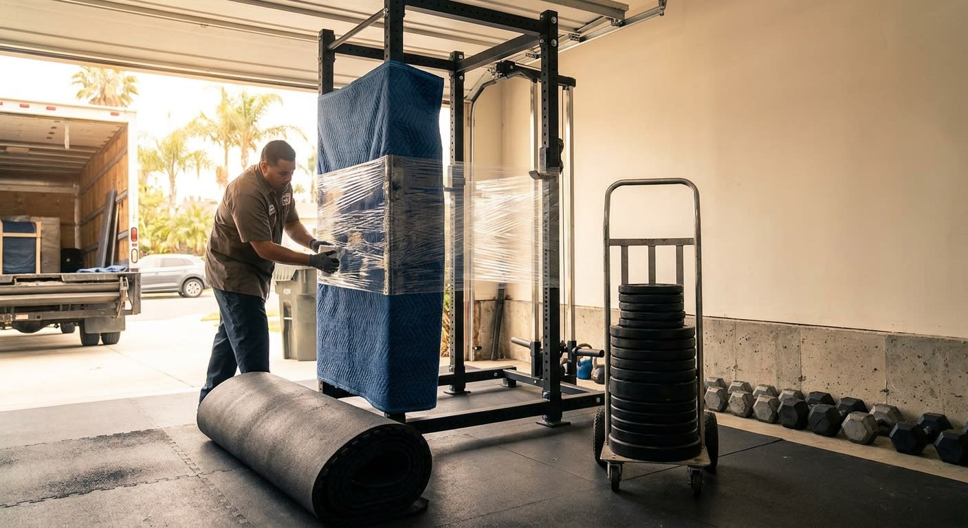 A professional mover wrapping a black power rack with moving blankets and stretch wrap inside a sunlit Los Angeles garage gym, rubber flooring tiles partially rolled up, weight plates stacked neatly o