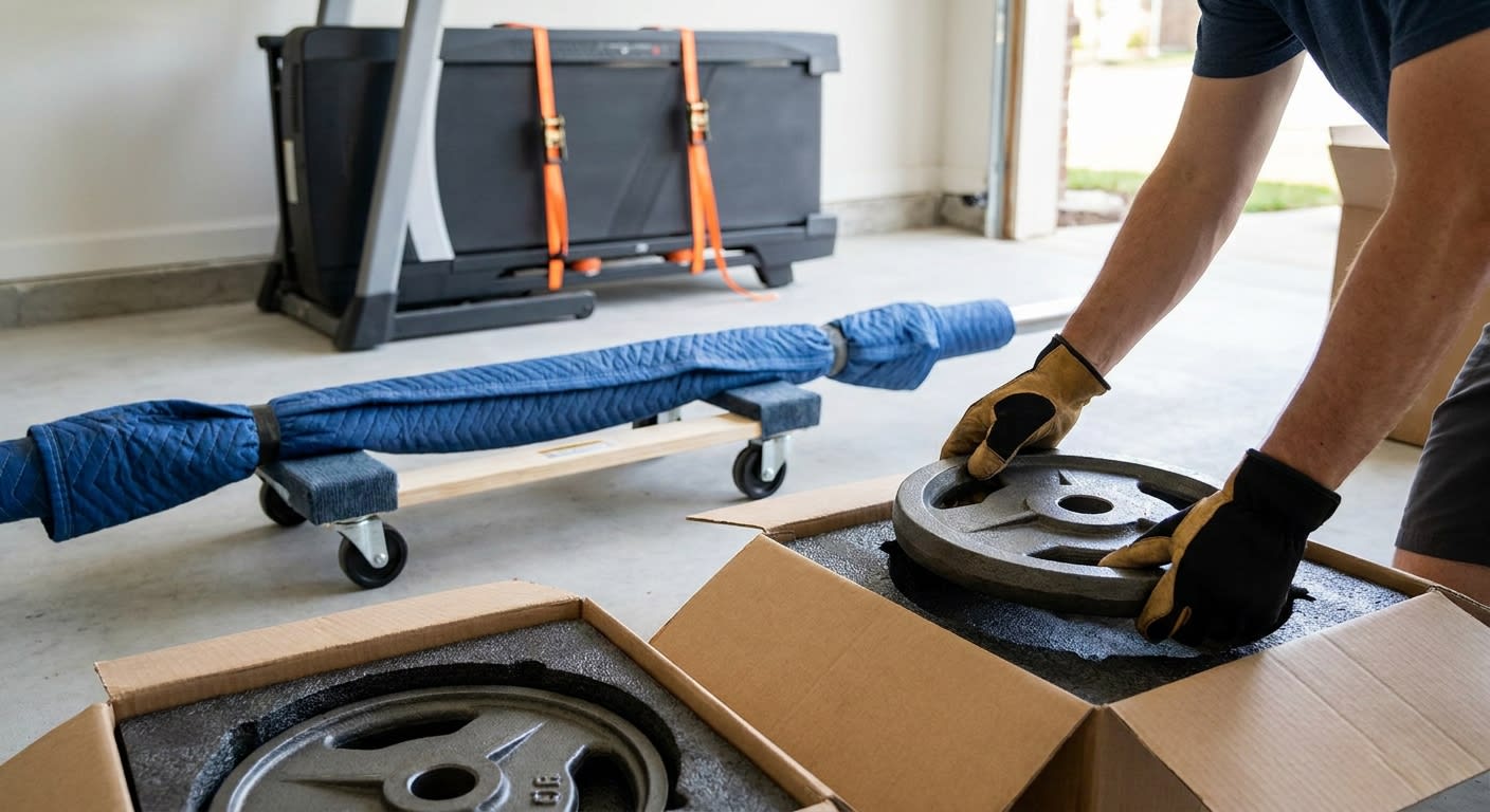 Close-up of hands packing Olympic weight plates into small reinforced cardboard boxes lined with foam padding, a barbell wrapped in moving blankets resting on a furniture dolly nearby, treadmill folde