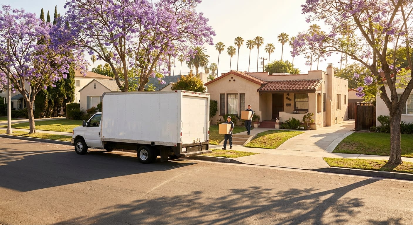 A sunlit residential street in Culver City with mid-century bungalows, mature jacaranda trees in bloom, a moving truck parked at the curb, and movers carrying boxes up a short walkway. Warm afternoon
