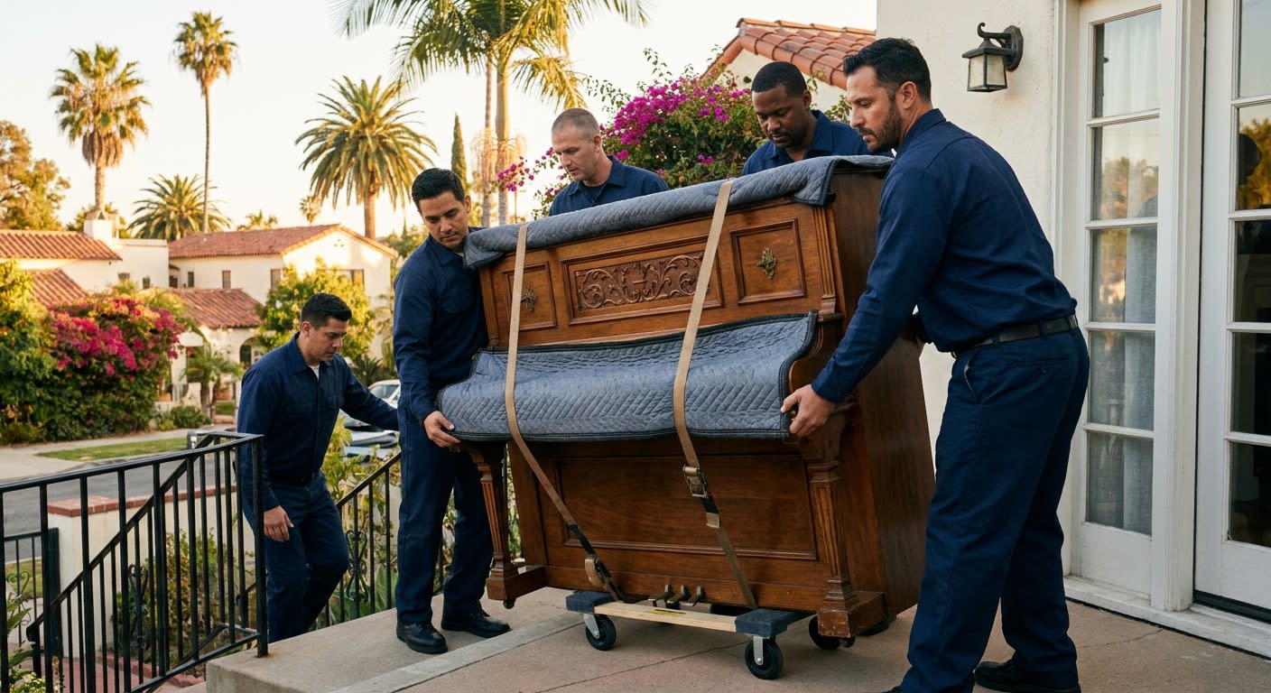 Four professional movers in matching uniforms carefully maneuvering a vintage upright piano with ornate wooden carvings down narrow exterior stairs of a 1920s Spanish-style Los Angeles home, padded bl
