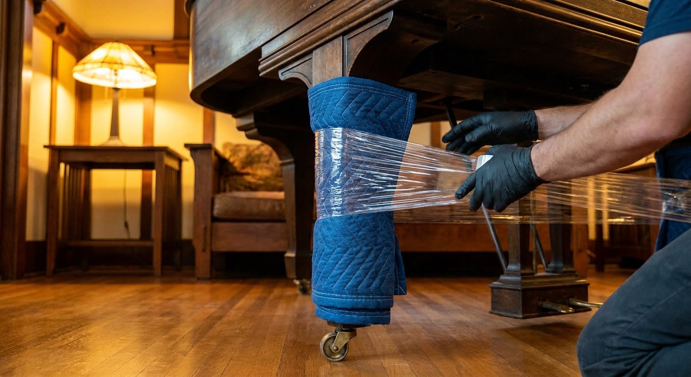 Close-up detail of a 1910s antique grand piano leg being wrapped in thick quilted moving pads and stretch film by gloved hands, warm interior lighting of a Pasadena craftsman living room, hardwood flo