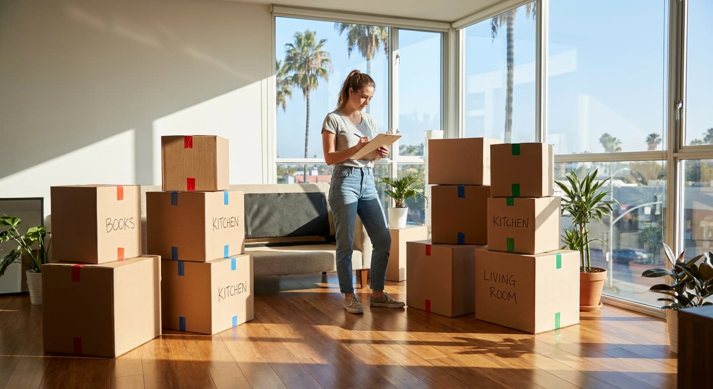 A bright Los Angeles apartment living room mid-pack, with neatly stacked cardboard moving boxes labeled with colorful tape and handwritten markers, a young woman holding a clipboard inventory sheet, s