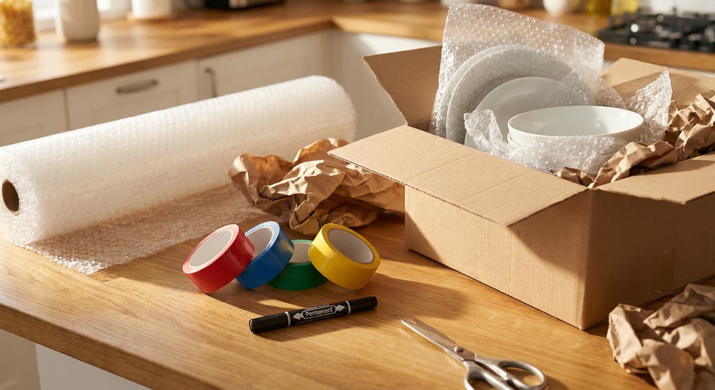 Close-up overhead view of a kitchen counter with packing supplies: rolls of colored tape in red, blue, green and yellow, a black permanent marker, bubble wrap, packing paper, scissors, and a partially