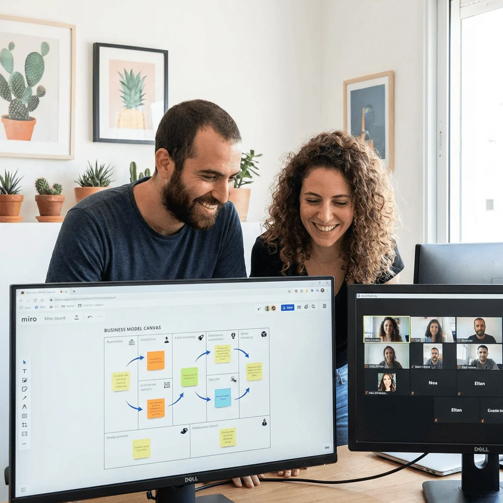 Man and woman smiling while looking at two computer screens, one showing a business model canvas and the other a video conference call.