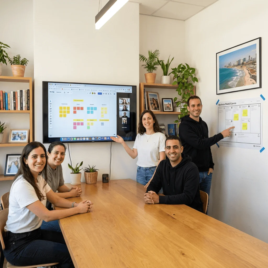 Five colleagues in a meeting room with a wooden table, presenting information on a wall-mounted screen and a paper board.