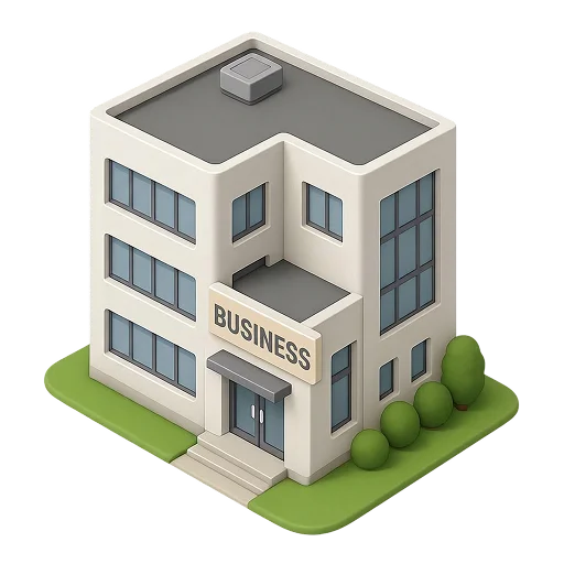 Isometric three-story building labeled 'Business' with large windows and surrounding greenery.