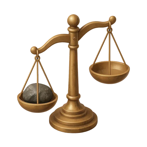 Golden balance scale with a rock on the left side weighing more than the empty right side.