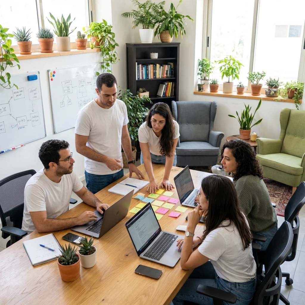 Five colleagues collaborate around a wooden table with laptops and colorful sticky notes in a bright office filled with potted plants and whiteboards.