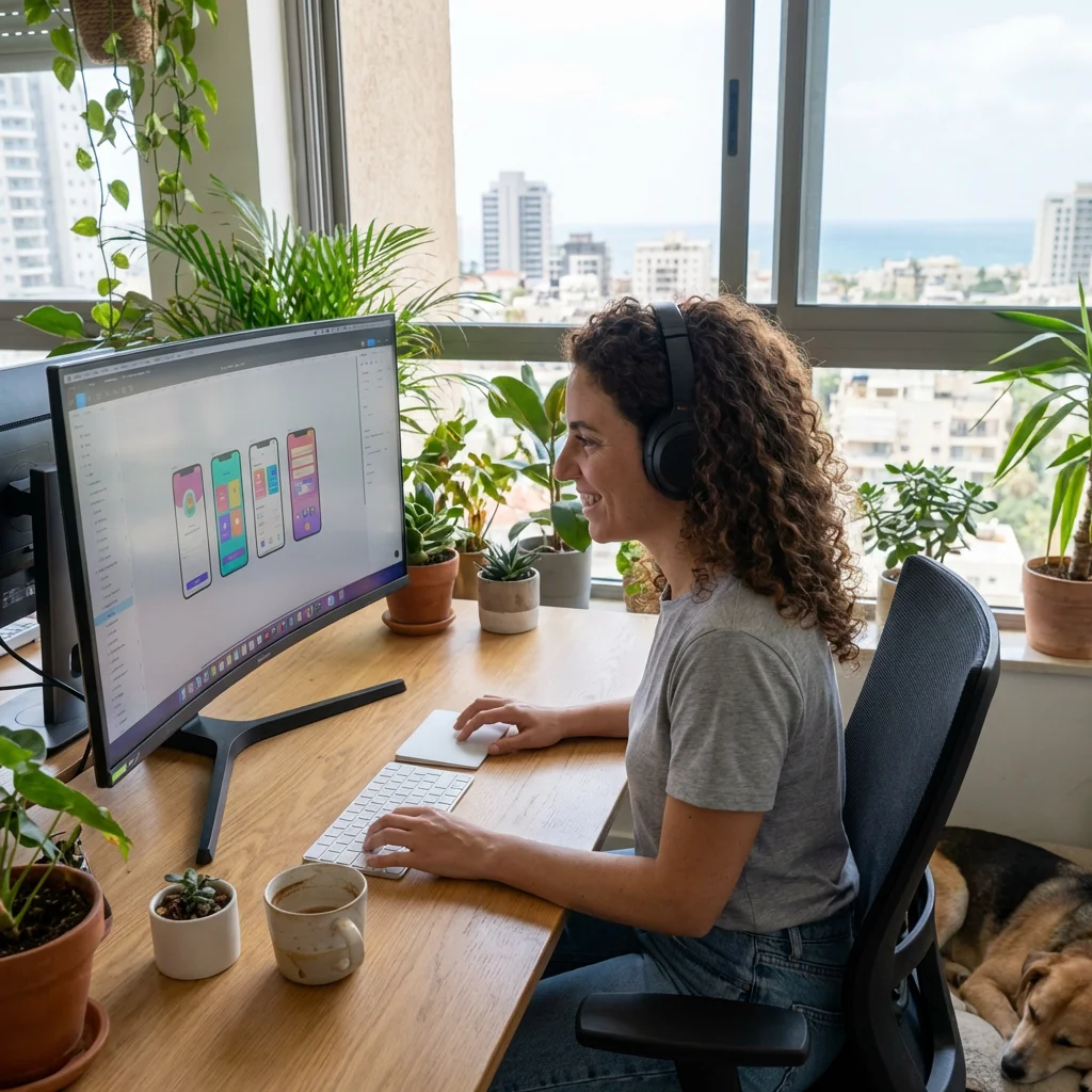 Woman wearing headphones working on a computer with app designs displayed on screen in a bright room with plants and a sleeping dog nearby.