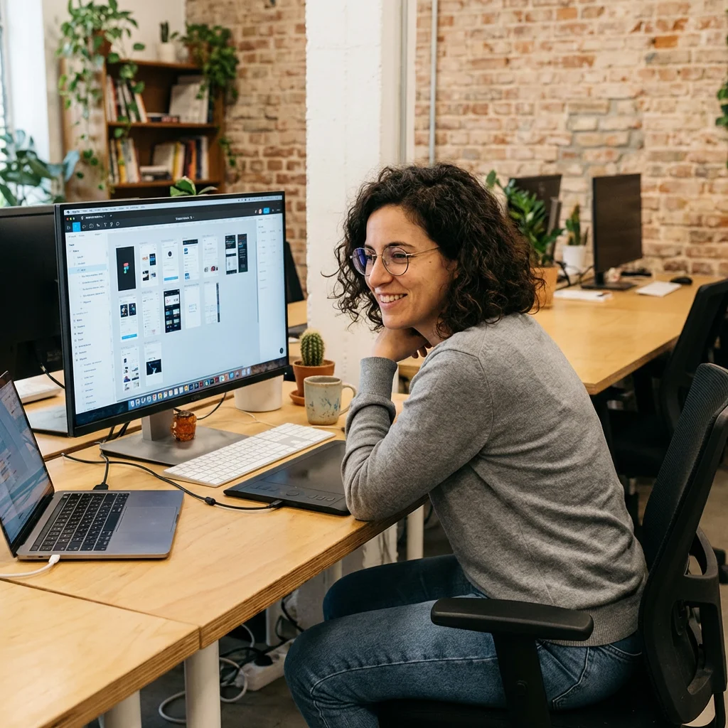 Smiling woman with curly hair and glasses sitting at a desk working on a laptop and large monitor in a modern office.
