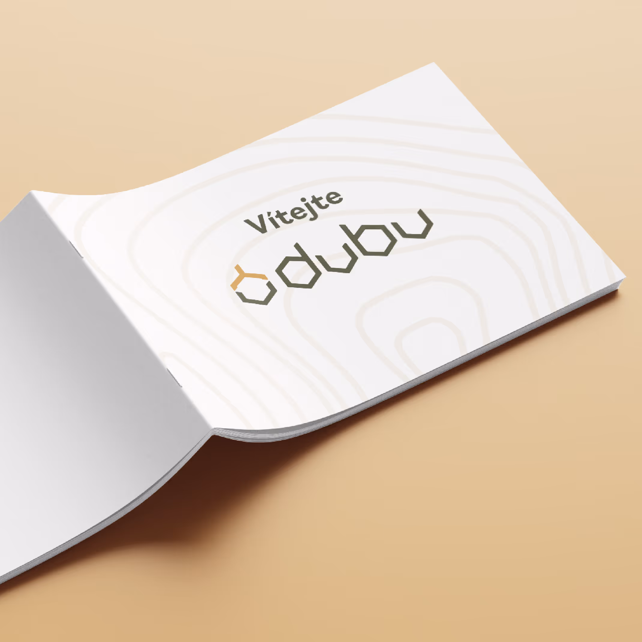 Otevřený sešit s nápisem Vítejte v Odbou a jemným topografickým vzorem na bílém pozadí.