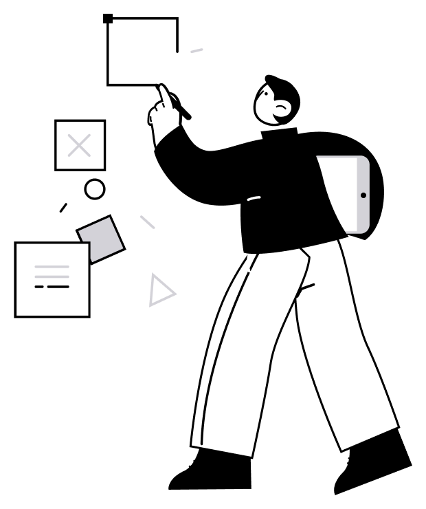 Stylized illustration of a person interacting with floating UI elements including a play button, text boxes, and icons.